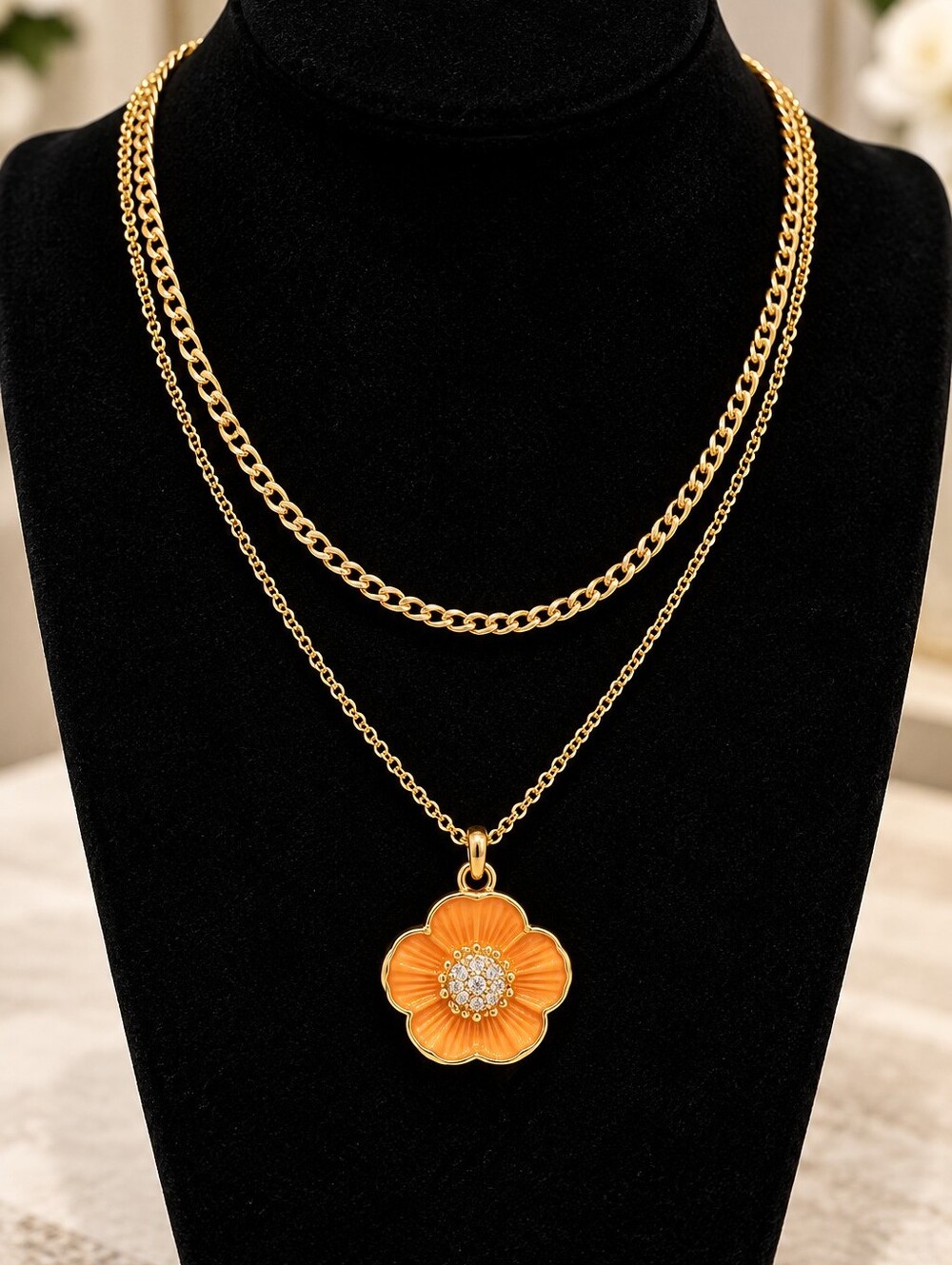 22kgp Dubai Jewelry Gold-Tone Orange Flower Pendant Layered Necklace